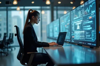 Jeune femme en bureau moderne utilisant un ordinateur pour la blockchain