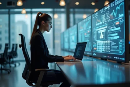 Jeune femme en bureau moderne utilisant un ordinateur pour la blockchain