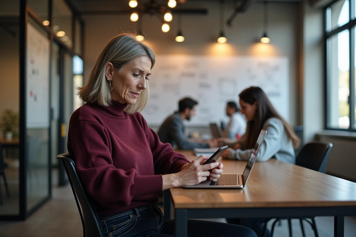 Femme professionnelle en coworking tapant un message sur son téléphone