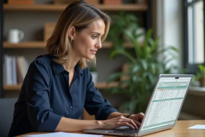 Femme concentrée travaillant sur un ordinateur portable avec tableau Excel