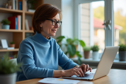 Femme d'âge moyen dans un bureau à domicile moderne