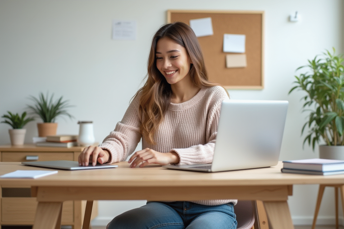 Jeune femme souriante dans un bureau lumineux à la maison