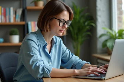 Femme concentrée sur son ordinateur dans un bureau cosy