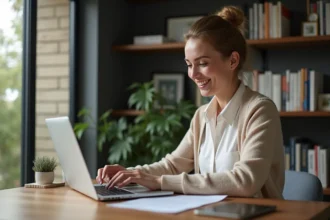 Femme travaillant sur un ordinateur dans un bureau moderne