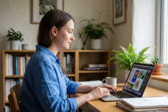 Femme concentrée travaillant sur un ordinateur dans un bureau moderne