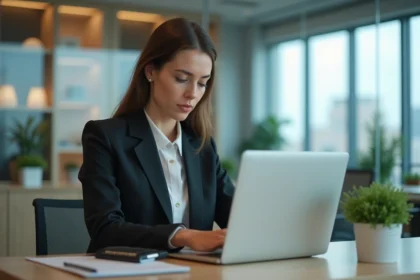 Femme en tenue professionnelle travaillant sur son ordinateur dans un bureau moderne