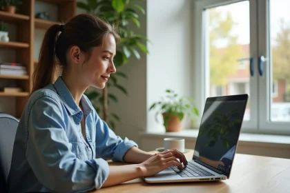 Jeune femme au bureau créant un raccourci sur son ordinateur