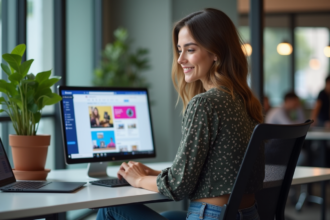 Jeune femme travaillant sur un tableau de bord Facebook