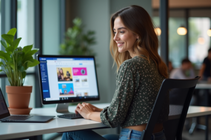 Jeune femme travaillant sur un tableau de bord Facebook