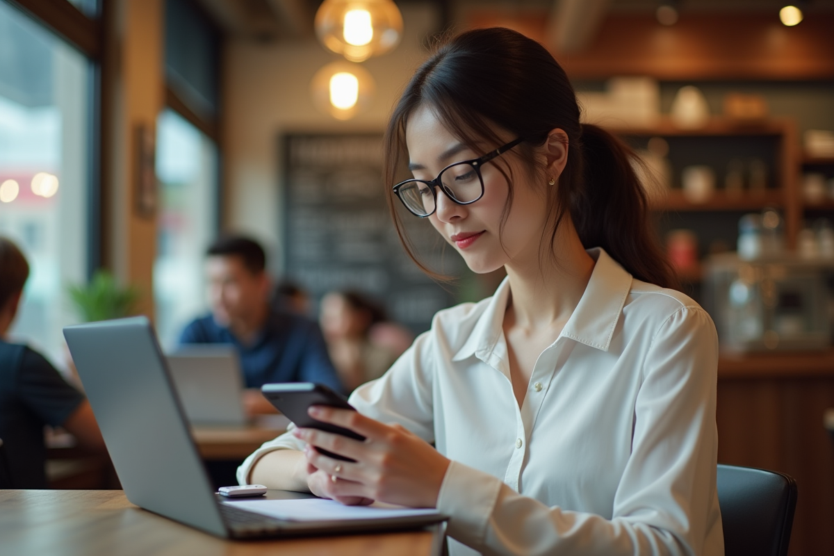 Jeune femme utilisant son smartphone dans un café cosy