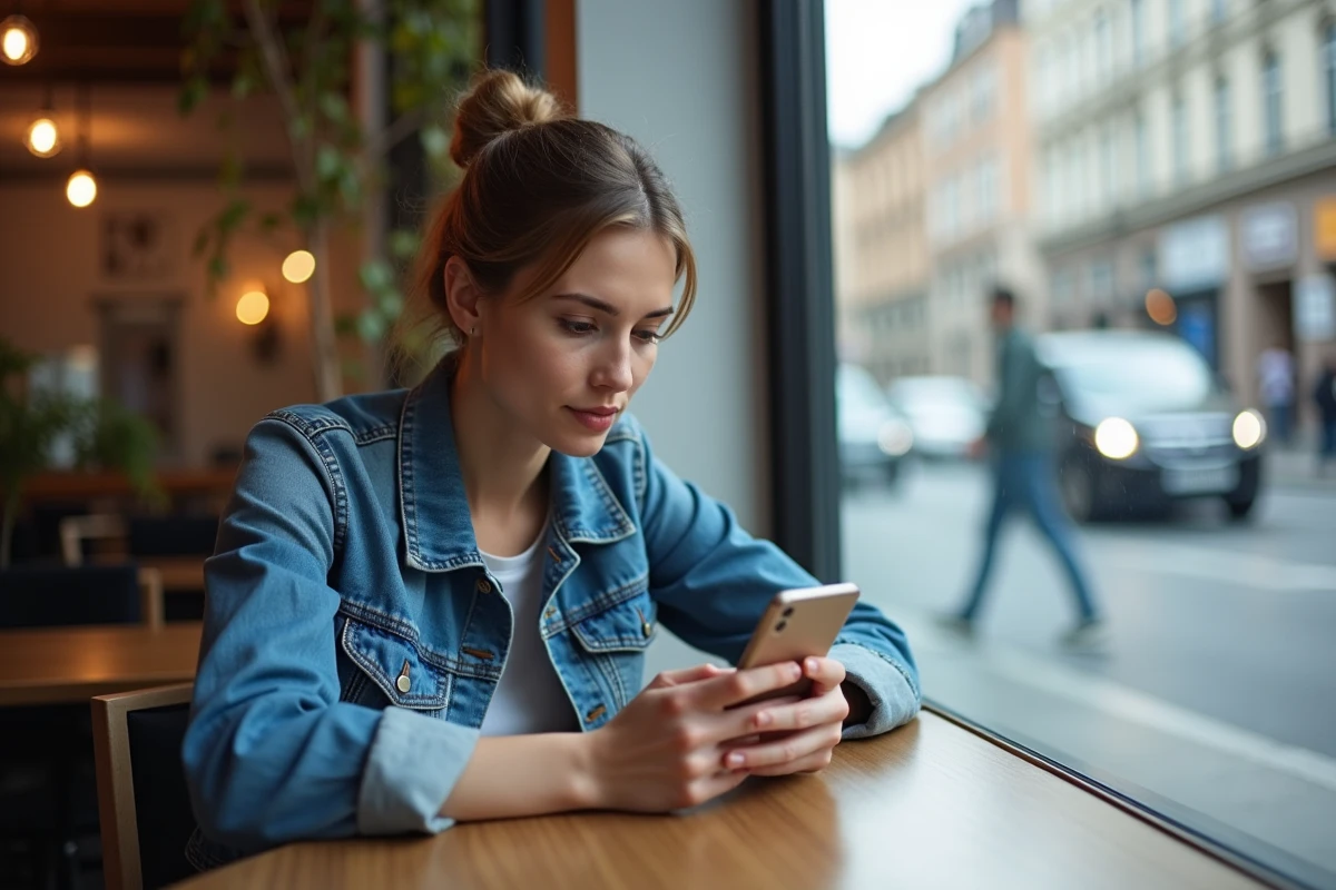 Femme en denim au café regardant son smartphone