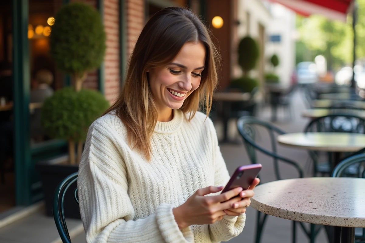 Femme souriante vérifiant ses emails au café en plein air