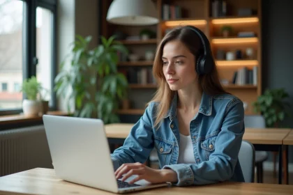 Femme détendue en denim et écouteurs à son bureau