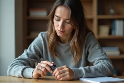 Jeune femme tenant une clé USB et réfléchissant à la capacité de stockage en gigaoctets et mégaoctets