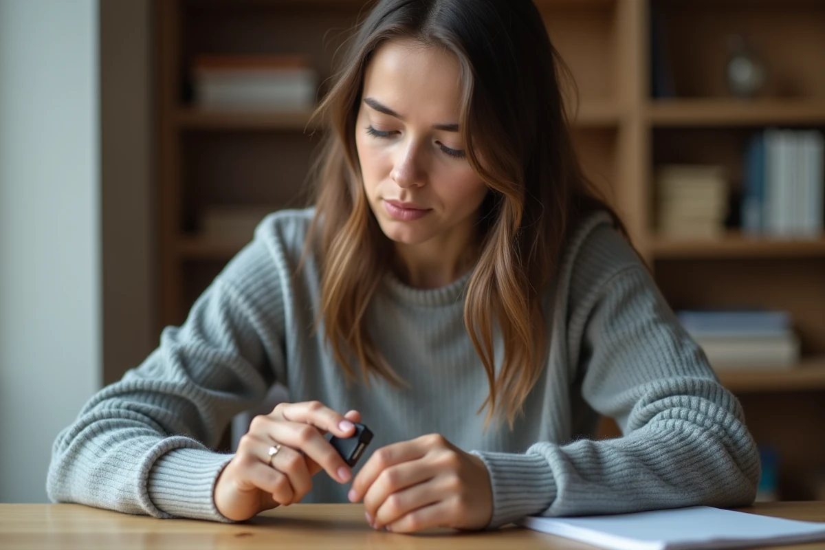 Jeune femme tenant une clé USB et réfléchissant à la capacité de stockage en gigaoctets et mégaoctets