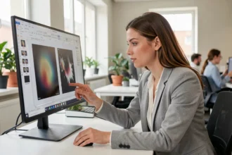 Femme en blazer gris examinant une comparaison d'images floues et nettes dans un éditeur PowerPoint sur écran de bureau