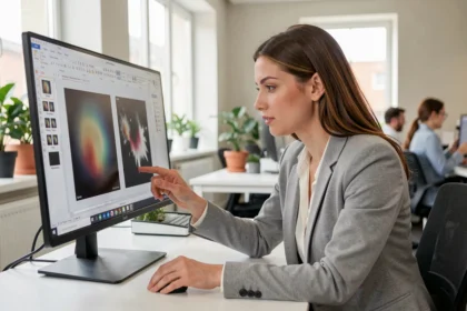 Femme en blazer gris examinant une comparaison d'images floues et nettes dans un éditeur PowerPoint sur écran de bureau