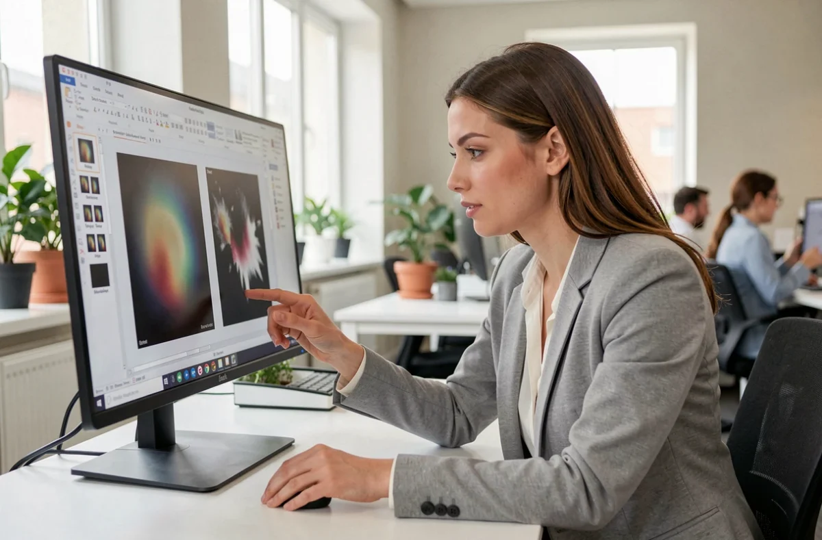 Femme en blazer gris examinant une comparaison d'images floues et nettes dans un éditeur PowerPoint sur écran de bureau