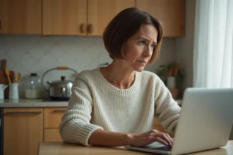 Femme d'âge moyen perplexe devant un ordinateur à la maison