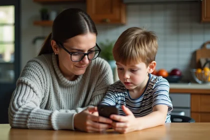 Femme et enfant regardant un smartphone dans la cuisine familiale