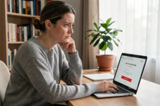 Femme frustrée devant un message d'erreur de connexion sur un ordinateur portable à son bureau