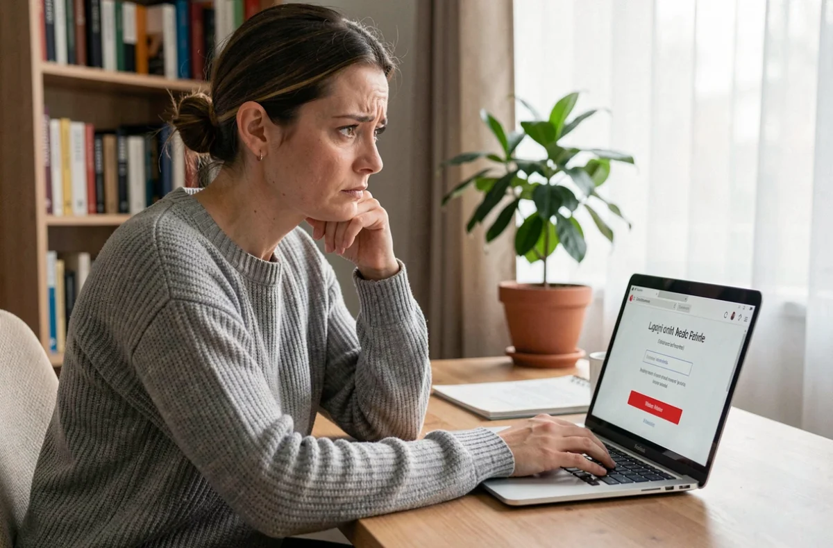 Femme frustrée devant un message d'erreur de connexion sur un ordinateur portable à son bureau