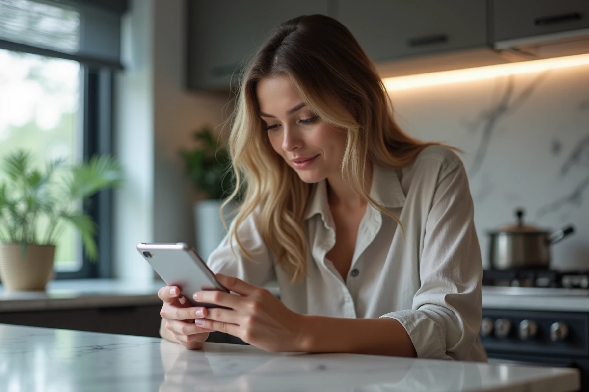 Femme moderne utilisant un smartphone futuriste à la maison