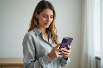 Femme tenant un iPhone 14 Pro reconditionné couleur violet sombre, examinant l'appareil dans un appartement moderne et minimaliste