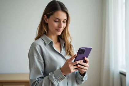 Femme tenant un iPhone 14 Pro reconditionné couleur violet sombre, examinant l'appareil dans un appartement moderne et minimaliste