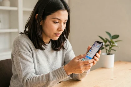 Femme tenant un iPhone et explorant les nouveaux réglages iOS 18.4.1 dans un bureau minimaliste