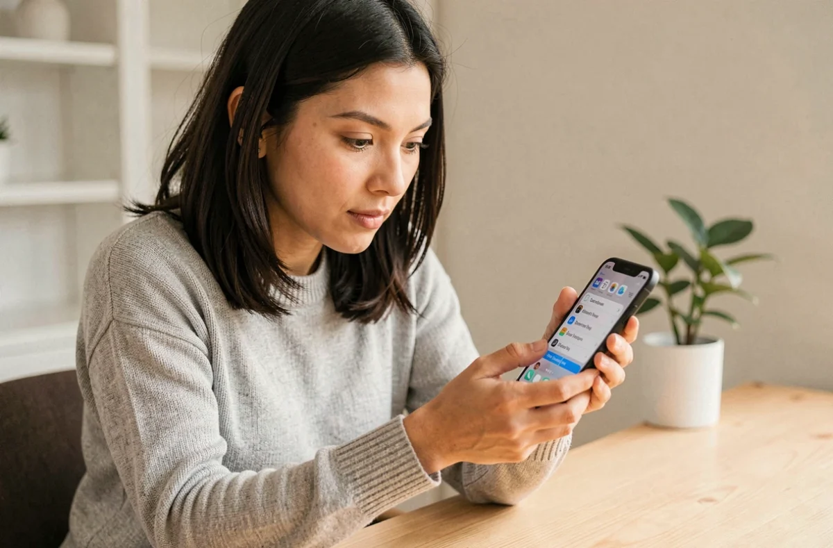 Femme tenant un iPhone et explorant les nouveaux réglages iOS 18.4.1 dans un bureau minimaliste