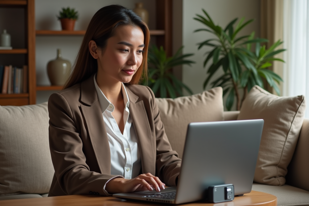 Femme utilisant un ordinateur avec clé USB LiFi dans un salon