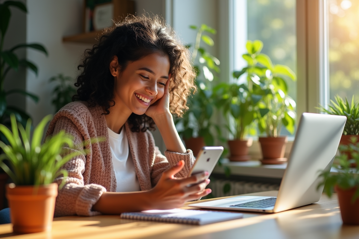 Jeune femme lisant un email marketing sur son smartphone à la maison