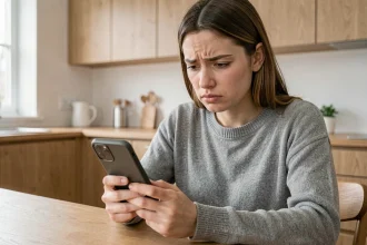 Jeune femme frustrée regardant un message d'erreur 'utilisateur introuvable' sur Instagram depuis son smartphone dans une cuisine moderne