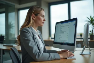Femme professionnelle consultant sa messagerie Zimbra sur un ordinateur de bureau dans un bureau moderne à Cherbourg