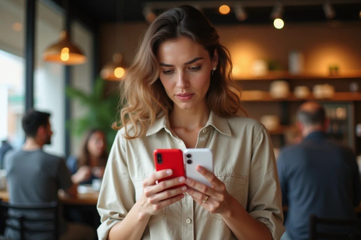 Femme tenant un Nokia blanc et rouge dans un café urbain avec une expression dubitative, test utilisateur smartphone basique