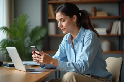 Jeune femme concentrée sur son smartphone dans un appartement
