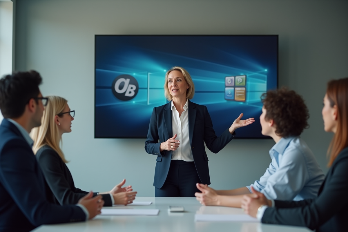 Femme en réunion présentant un graphique des systèmes d