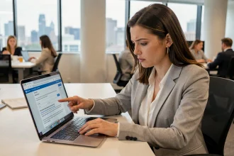 Femme professionnelle en bureau consultant les champs CC et CCI d'un email sur son ordinateur portable