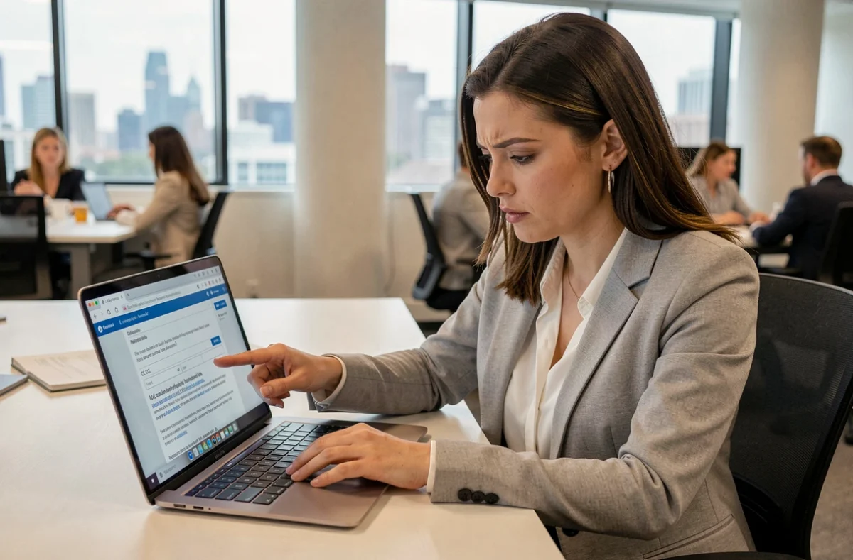 Femme professionnelle en bureau consultant les champs CC et CCI d'un email sur son ordinateur portable