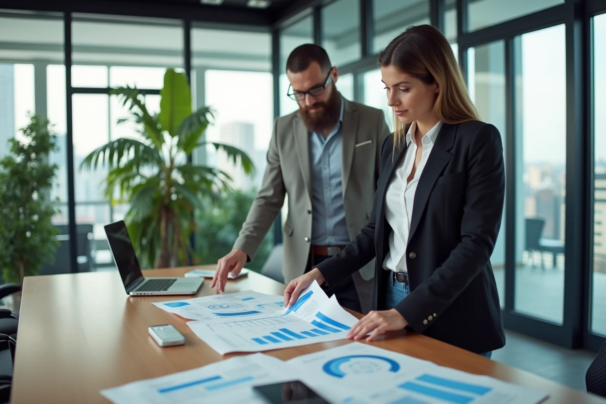 Femme professionnelle examine des documents de comparaison web avec une collègue