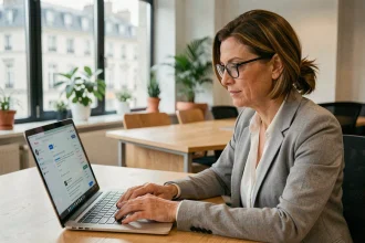 Femme professionnelle consultant sa messagerie web sur un ordinateur portable dans un bureau moderne à Dijon