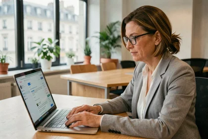 Femme professionnelle consultant sa messagerie web sur un ordinateur portable dans un bureau moderne à Dijon