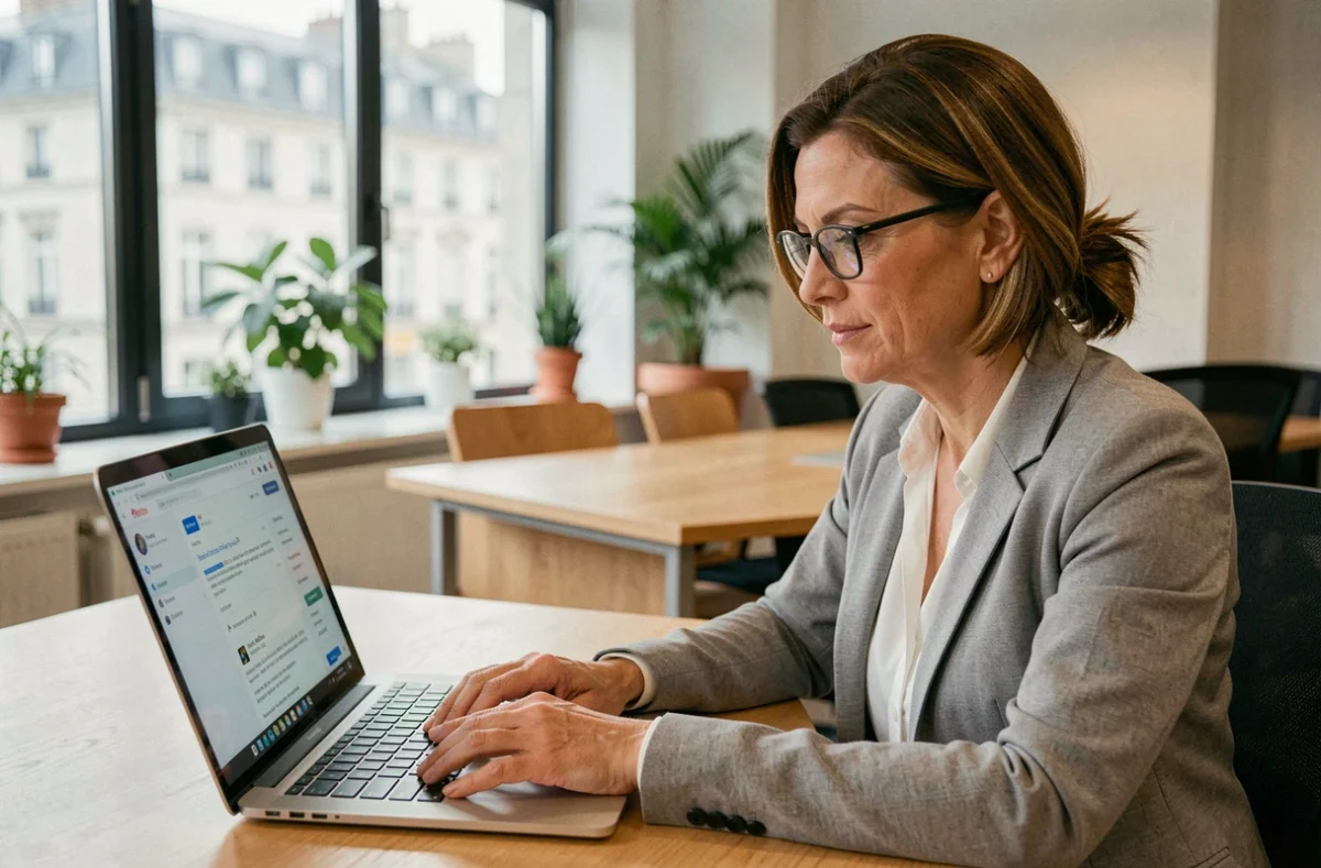 Femme professionnelle consultant sa messagerie web sur un ordinateur portable dans un bureau moderne à Dijon