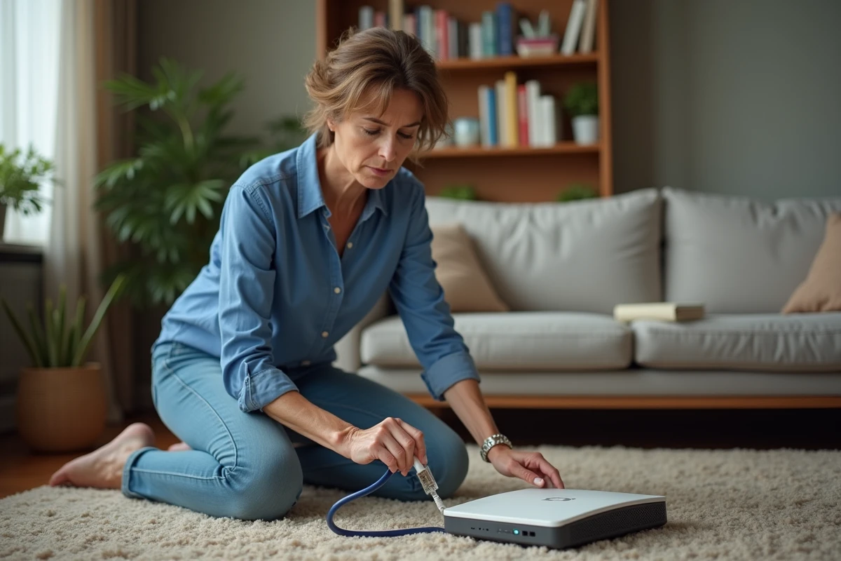 Femme répare son modem internet dans le salon