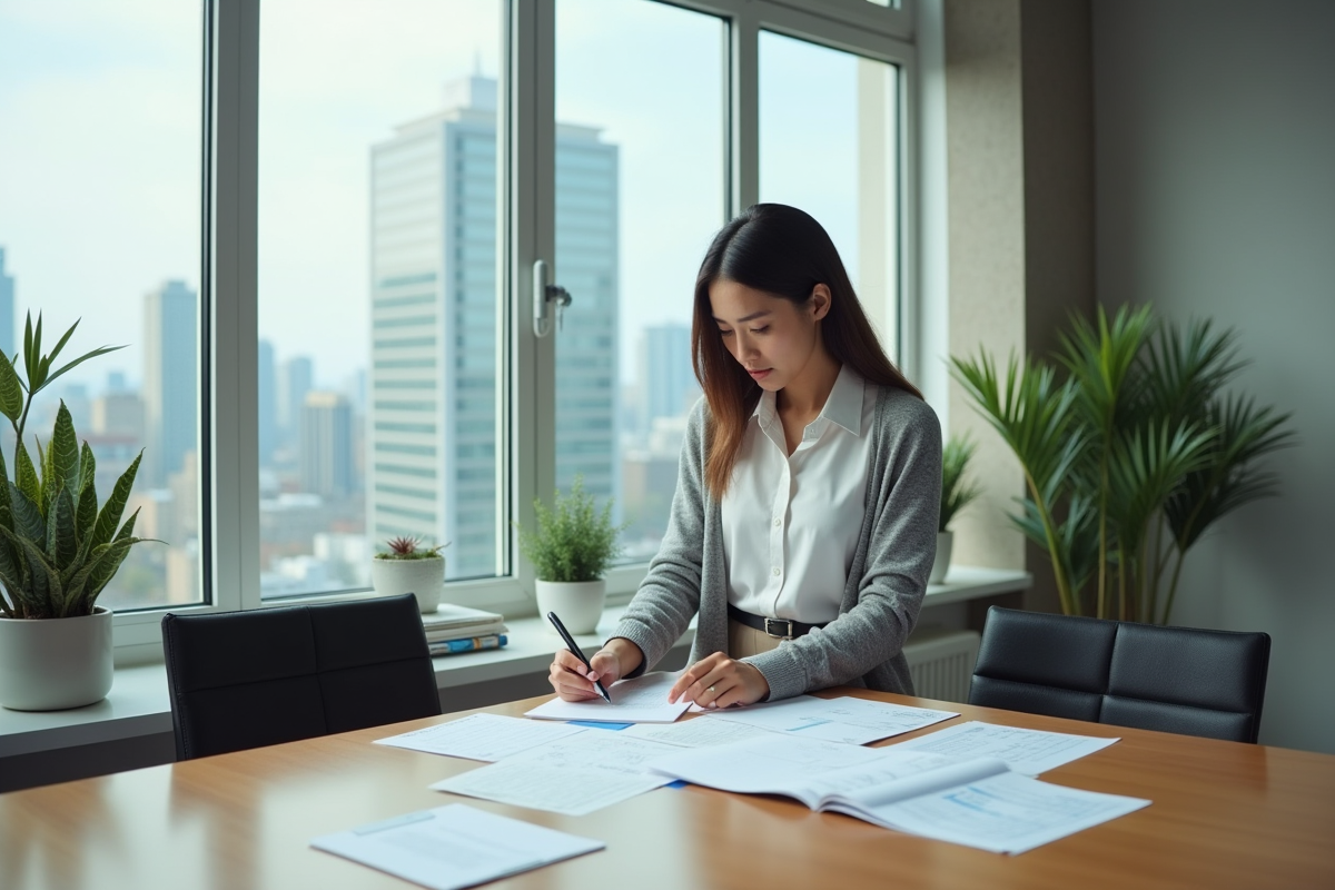 Femme étudiant des fiches SQL dans une salle de réunion