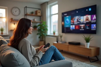 Femme regardant la télévision dans un salon moderne
