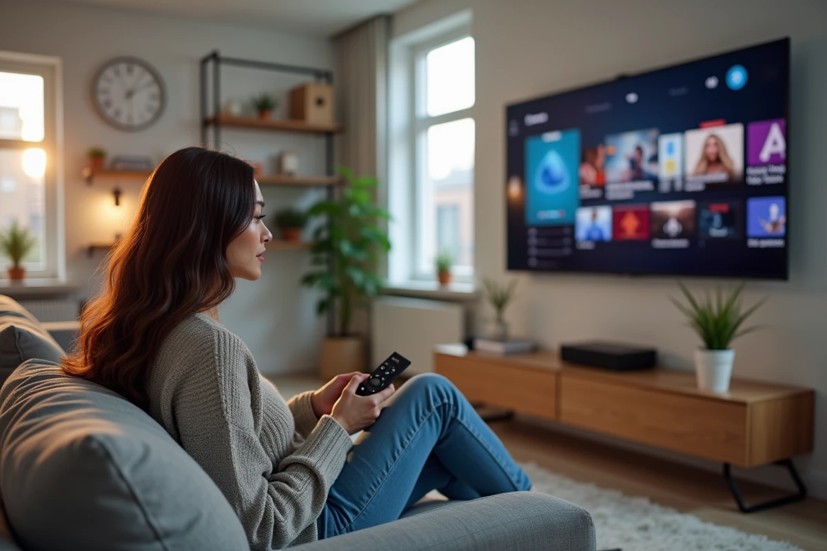 Femme regardant la télévision dans un salon moderne
