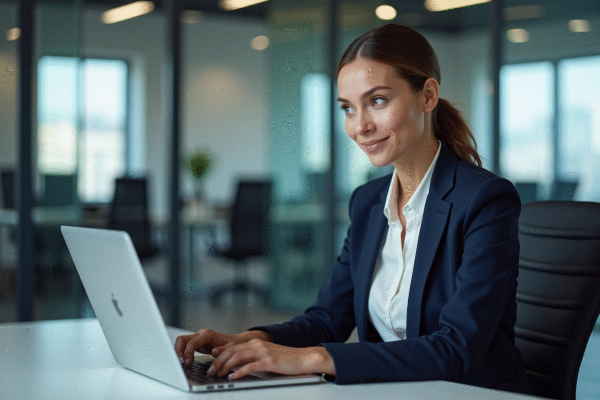 Femme concentrée en bureau avec tableau de sécurité numérique