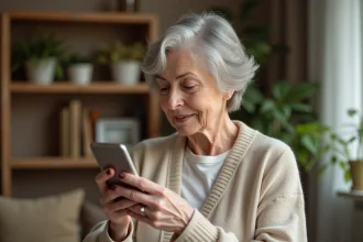 Femme senior tenant un téléphone simplifié pour personnes âgées dans un salon cosy